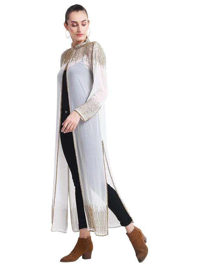 Image of Matelco Women Georgette Floor Length Hand Embroidered Embellished Longline Front Open Shrug Dress