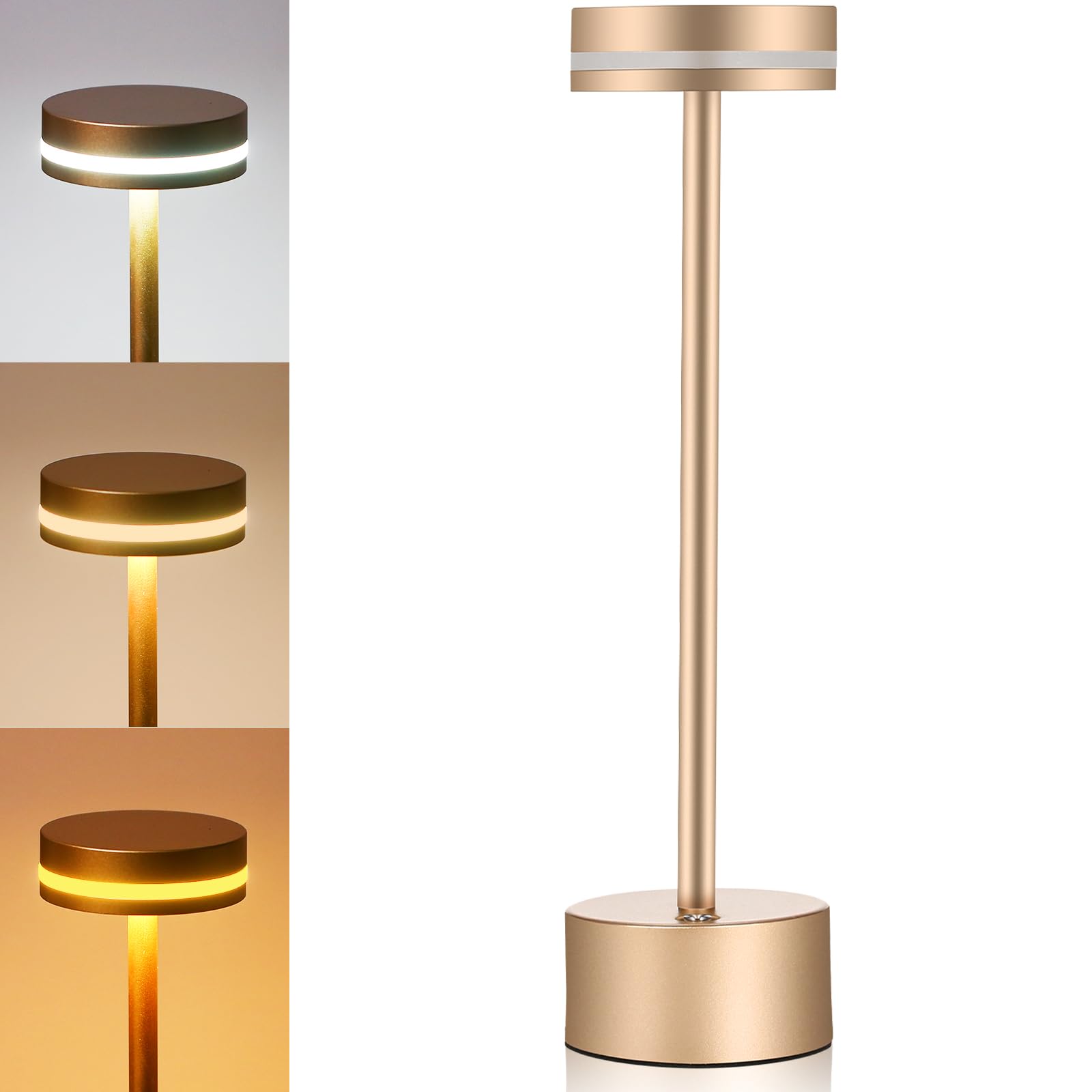 LED Cordless Table Lamp Metal Bedside Nightstand Lamp Touch Control Stepless Dimmable 3 Light Colors 4000mAh Rechargeable Desk Lamp Night Light for Bedroom Dining Room Bar Restaurant Coffee Shop