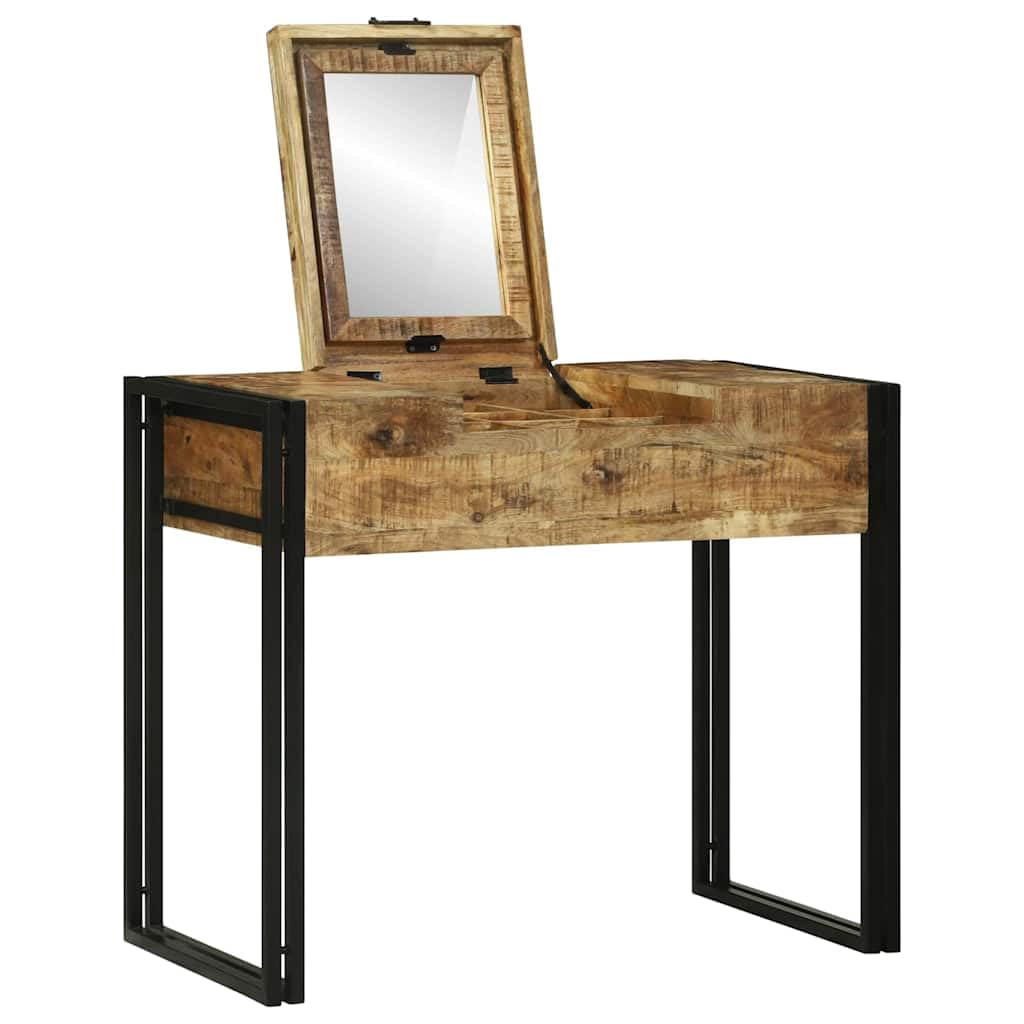 Stolik fryzjerski do sypialni z brązowego litego drewna mango z miejscem do przechowywania i lustrem, 90 x 50 x 75 cm, kompaktowy do sypialni, komoda do makijażu z szufladami i oświetleniem