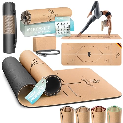 KESSER® Yogamatte Kork Inkl. Tragegurt Tasche & Block Gymnastikmatte - Matte...