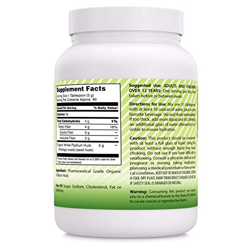 Amazing India USDA Organic Whole Psyllium Husk Powder Supplement | 5 Grams Per Serving | Non-GMO | Gluten Free | Made in USA (Unflavored, 1 Lb)