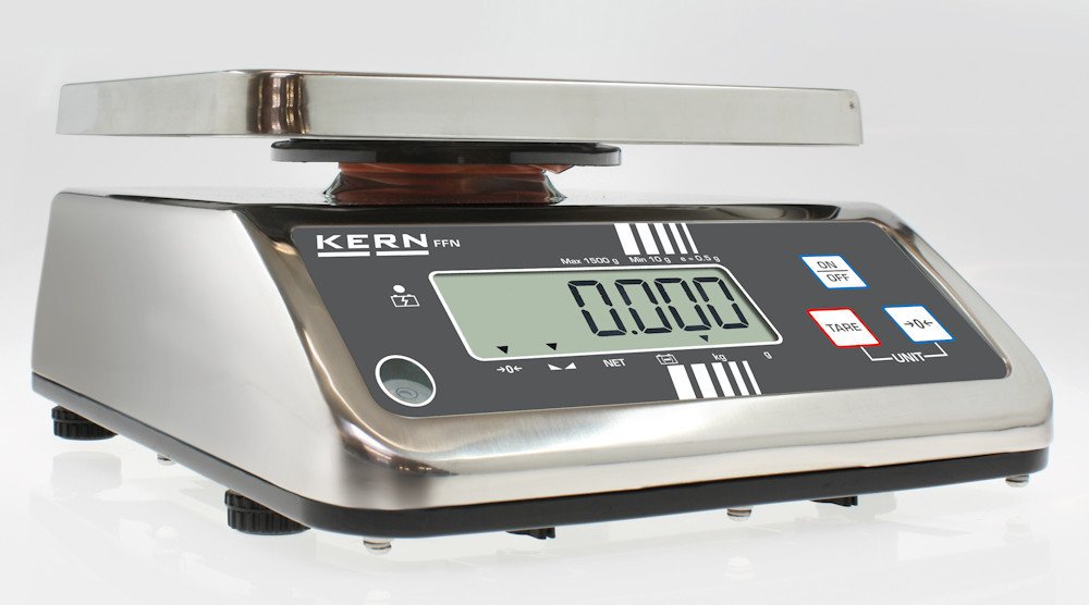 Kern FFN 3K1IPM - Robust, Space-Saving Bench Scale, Protected by Stainless Steel and IP65 Rating, with EC Type Approval [M], Weighing Range [Max]: 3 kg, Readout [d]: 1 g, Incl. VERIFICATION