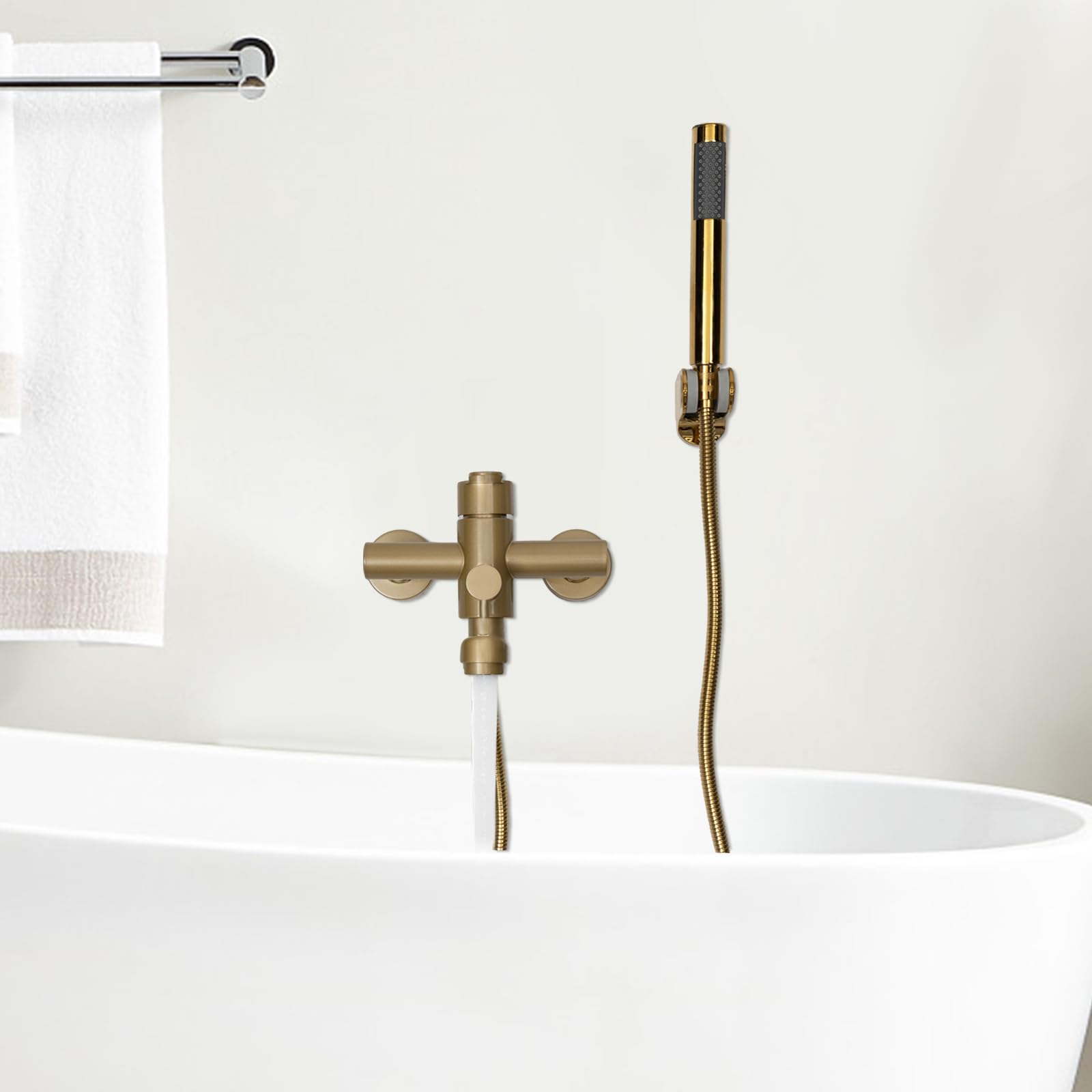 Grifo de bañera giratorio 360°, montaje en pared, de acero inoxidable, color dorado, monomando para bañera, montaje en superficie con ducha de mano y soporte de pared, grifo de ducha, grifo de bañera