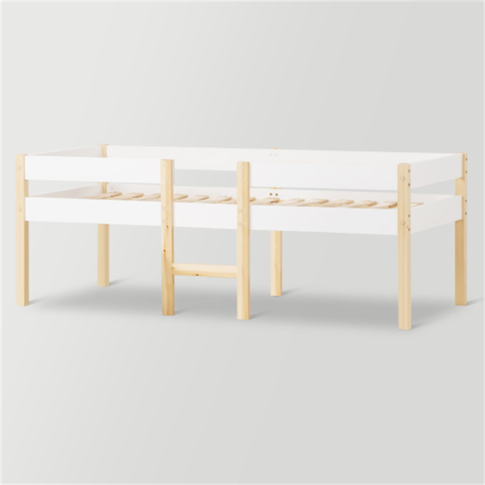 Letto a castello con protezione anticaduta, lettino con griglia e scala, 90 x 200 cm, bianco e rovere, rete a doghe in pino massello per ragazzi e ragazze
