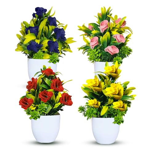 Image of Artificial Flower Plants for Home Decor - Set of 4 Mini Potted Plants (7 Inch) in White Pots | Pink, Yellow, Red & Blue Faux Flowers for Living Room, Office, Indoor Outdoor Decoration