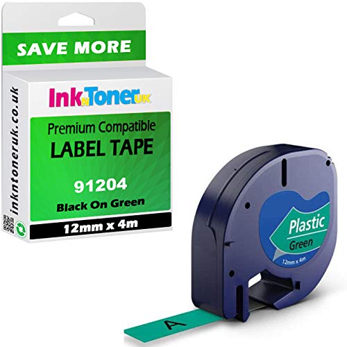 Inkntoner UK Premium Compatible 91204 Black On Green 12mm X 4m Label Plastic Tape (s0721640)