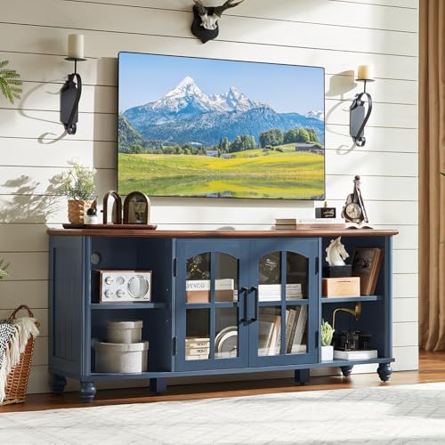 RWYHG Farmhouse TV Stand for 60 Inch TV Wood Entertainment Center with Adjustable Shelves & Glass Door Storage Cabinet Television Stands for 65 TVS TV Console Table for Living Room Bedroom Navy Blue