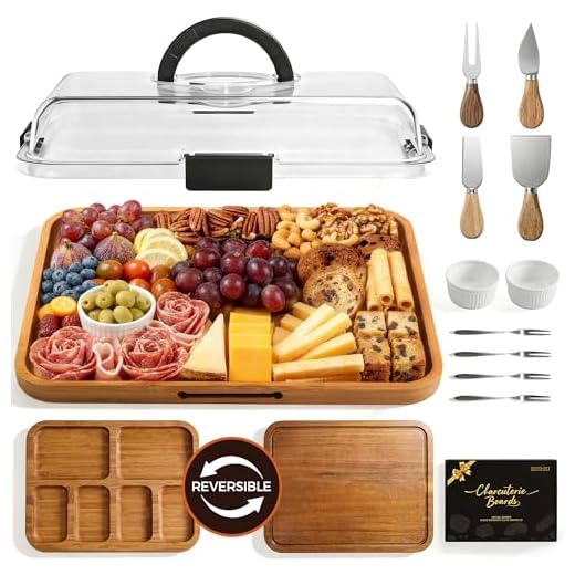 Renmxj Charcuterie Board with Lid, Carbonized Bamboo, Knives Set and Bowls