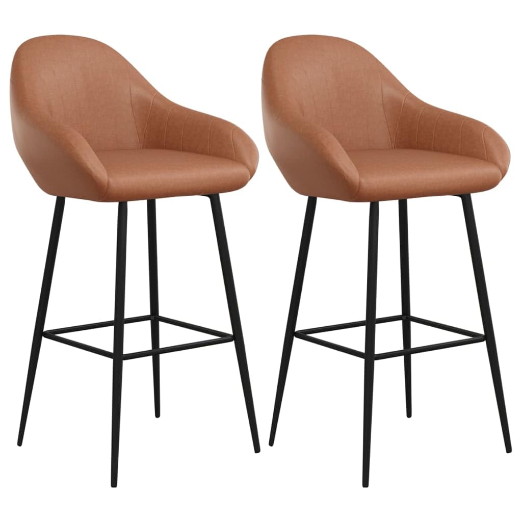 Moderno taburete de bar con asiento acolchado y respaldo 2 unidades en color marrón claro de piel sintética resistente a la suciedad, taburete con reposapiés y patas de metal con recubrimiento