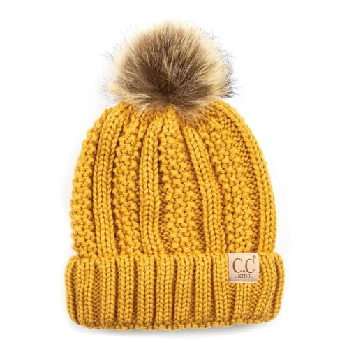 C.C Kids' Children's Cable Knit Faux Fuzzy Fur Pom Fleece Lined Cuff Beanie
