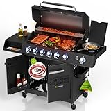 JUSKYS® Gasgrill Tennessee 6+1 – Grillwagen mit 6 Edelstahlbrennern, Seitenkocher, Gusseisenrosten, Glasdeckel mit Thermometer, LED-Knöpfen & Abdeckung