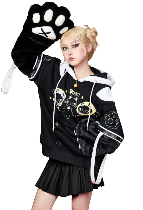 Micotaku Cute but Sharp Cat Hoodie Black and White Furry Paw Womens Hoodie Daily Wear