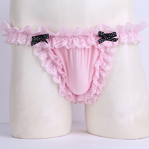 MSemis Men Sissy Pouch Lace Frilly Panties Low Rise Bikini Briefs Underwear Crossdress Lingerie Pink Medium (Waist 28.0"-53.5")
