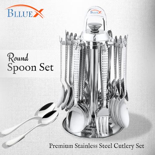 Image of Premium Stainless Steel Cutlery Set - Set of 24 (6 Dinner Spoons, 6 Dinner Forks, 6 Tea Spoons, 6 Soup Spoons, 1 Stand) | Silver Round Spoons Set Cutlery Set for Dining Table