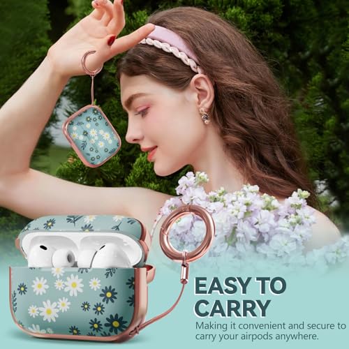 Image of Inesore for AirPods Pro 3 Case Cover 2025 with Lock-Green Daisy | Two-Piece Design,with Gold Keychain & Clean Pen, As Phone Stand,Support Wireless Charging,Cute Luxury Case for Women Girly