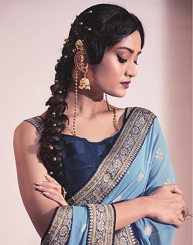 Image of SIRIL Women's Lace & Foil Printed Georgette Saree with Unstitched Blouse Piece(2826S479 Dark Blue, Sky Blue)