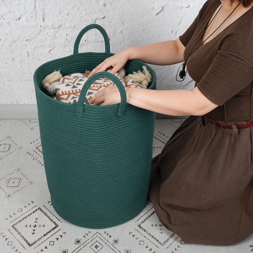 Image of XUANGUO Cotton Rope Laundry Basket Hamper for Clothes Large Dark Green