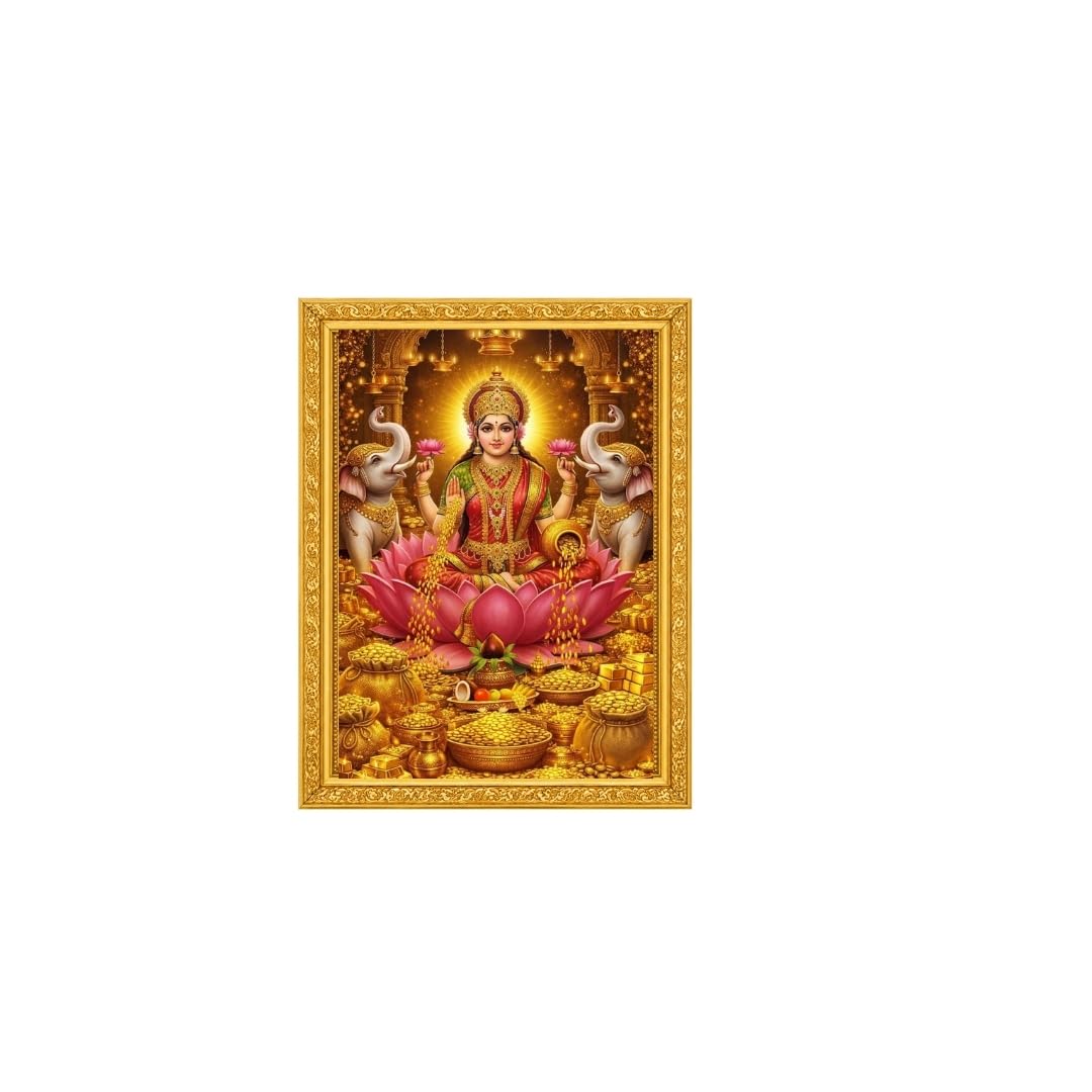 Mata Lakshmi Photo Frame with Golden Decorative Border | HD Religious Wall Painting for Home Temple, Pooja Room & Office | Wealth & Prosperity Goddess Wall Decor | A4 Size (8 x 13 Inch)-image-23