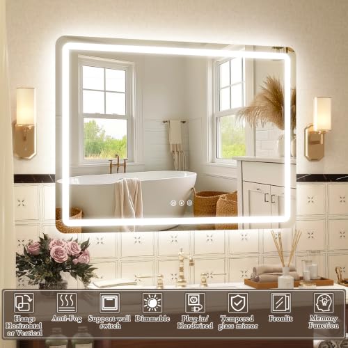 Image of 40 inch x 30 inch Led Bathroom Mirror with Lights, Anti-Fog & Tri-Color Lighting - Wall Mounted Shaving Mirror with Touch Sensor, Waterproof & Smart LED Vanity Mirror,Tempered Glass, Dimmable Smart Mirror