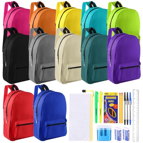 Quuhooki 12 Set Bulk Backpacks with School Supply Kit 17 Inch Book Bags in Bulk and Back to School Supplies Stationery Kit for Kids Boy