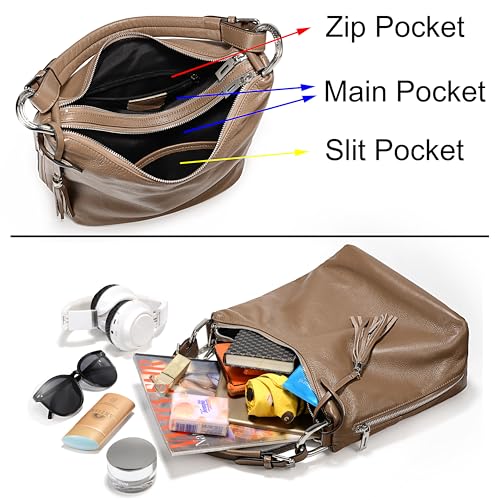 Image of YALUXE Women's Genuine Leather Hobo Handbags Purses Shoulder Bags Cross-body Bags with Double Zippered Pockets