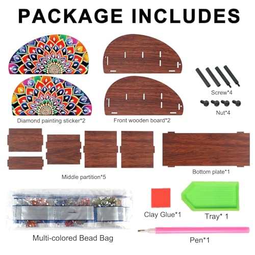 Image of DIY Diamond Painting Storage Box Mandala Design 5D Rhinestone Diamond Art Case Multi-Compartment Wooden Desktop Organizer for TV AC Remotes Makeup Brushes Pens Holder Tabletop Craft Storage