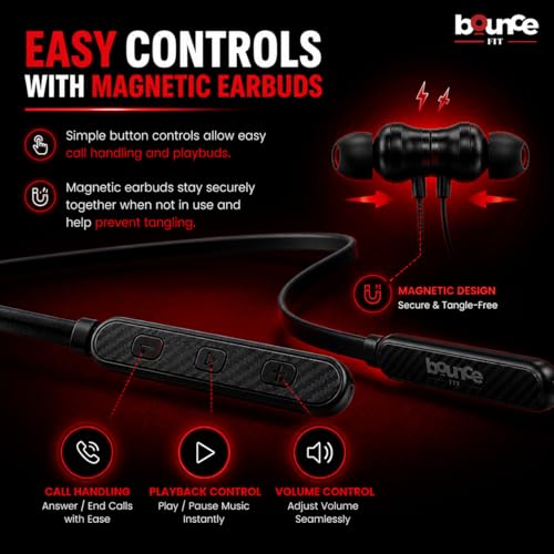 Image of Bouncefit Sonic 144 Bluetooth Wireless Neckband, 35H Continuous Playback Battery, Deep Bass, Stereo Sound, HD Calls, Type C Fast Charging, Rich Audio, Bluetooth Neckband with Mic Earphones (Black)