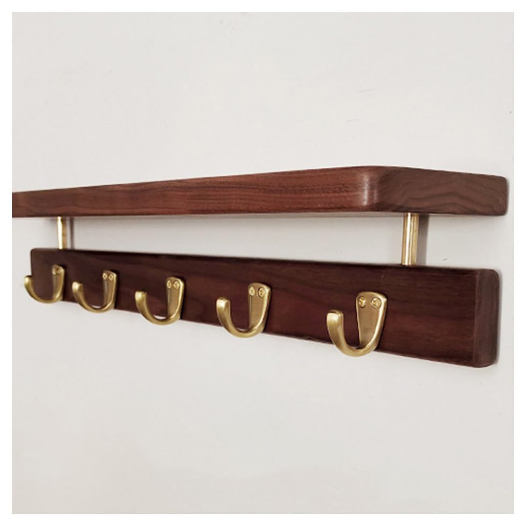 ZHOUXIAO Solid Wood Coat Rack with Shelf Wall Mount, Walnut Wood Coat Hooks Hanger 70cm