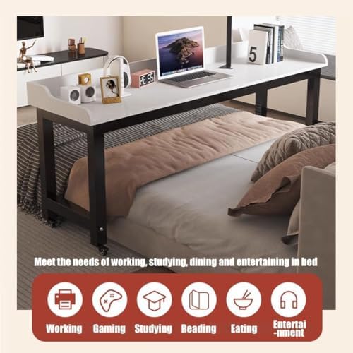 Foldable Table Tray Bedside Laptop Table Home Bed Simple Desk Folding Mobile，Adjustable Overbed Table with Brake Wheels Multifunctional Bedside Table for Working Eating and Gaming