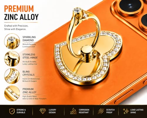 Image of Mizi 2Pack Bling Heart Phone Ring Holder Stand, 360 Rotating & 180 Foldable Finger Grip Kickstand with Strong 3M Adhesive, Zinc Alloy Phone Ring-Smartphones & Tablets, Sparkly Diamond Design - Gold