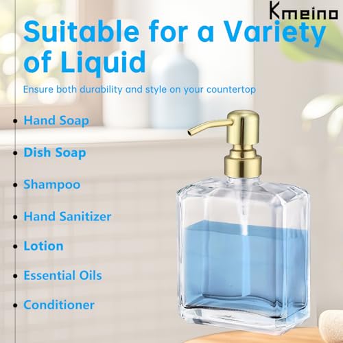 Image of Square Clear Glass Dish Soap Dispenser Set 2 Pack, Brushed Gold Refillable Hand Soap Dispenser with Rust Proof Stainless Steel Pump 2 x 13.5 oz Lotion Dispenser for Bathroom Vanity Kitchen