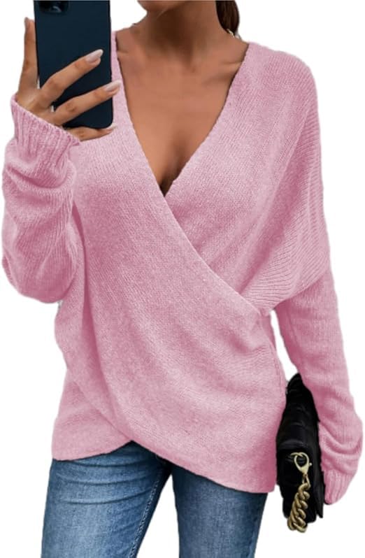 Women's V-Neck Crisscross Sweater Oversized Long Sleeve Cross Wrap Knit Pullover Top Fall Fashion Cute Sweaters