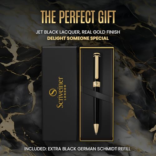 Image of Scriveiner Black Lacquer Ballpoint Pen -Stunning Luxury Pen, Real Gold Plating, Schmidt Black Refill, Best Gift Set for Men & Women, Professional Executive Office, Nice Fancy Designer Pens