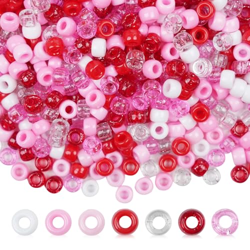 Valentines Day Pony Beads 1200Pcs Glitter Red Pink Plastic Pony Beads for Jewelry Making Hair Beading Craft Beading for Home Decor Party DIY Crafts (7 Colors)