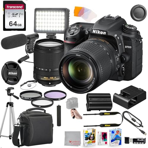 Nikon D7500 DSLR Camera with 18-140mm Lens, 64GB Memory, Video Microphone, LED Video Light, Case, Tripod, Filters, Hood, Grip, & Video & Photo Editing Software Kit