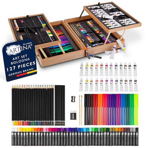 Artina Set de pintura con 127 piezas con pinturas acrílicas Bologna – Maletín de arte noble – Set de pintura con crayones, lapices de pastel y más Ideal para principiantes