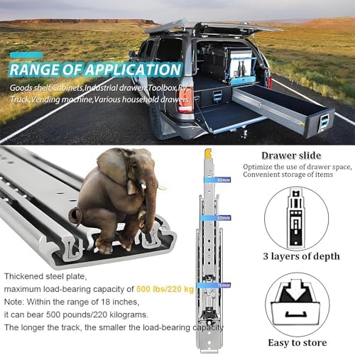 500lbs Heavy Duty Drawer Slides 10in 20in 36in 60in 72in 76in 80in 1 Pair Full Extension Ball Bearing Drawer Rails with Lock, Side Mount Tool Box Runners Tracks Glides(80 inch)
