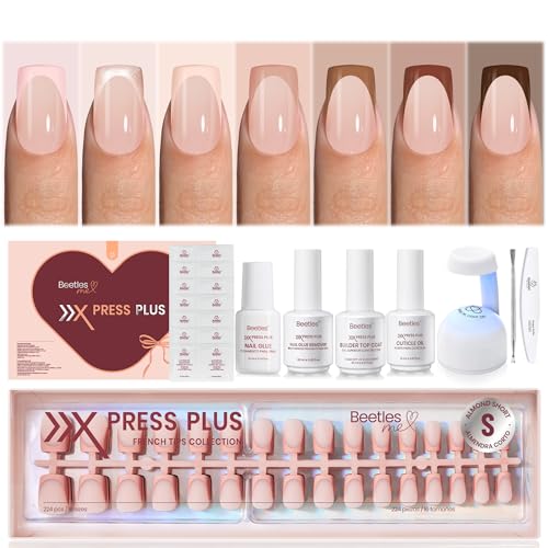 Image of Beetles Press On Nails Kit-Mocca Mousse French | 7 Colors Short Square French Tip Press On Nails | 224Pcs 16 Sizes All-in-One Kit Nails With Nail Glue,Remover,Builder Top Coat,Nail Lamp