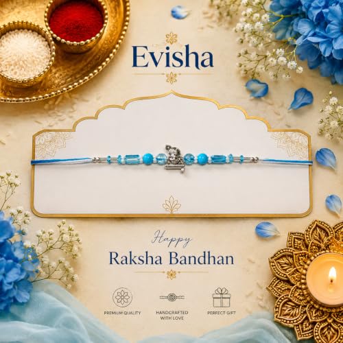 Image of Designer Shree Krishna Motif Rakhi for Brother with Roli Chawal Pack, Elegant Blue Beaded Rakshabandhan Thread, Traditional Rakhi Gift for Bhaiya