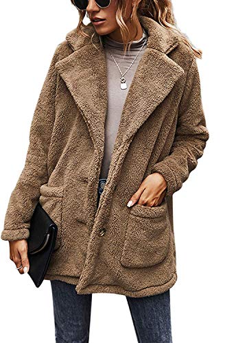 BUOYDM Cappotto Giacca Donna Giacca In Peluche Invernale Parka Elegante Outerwear Caldo Lapel Giacche Cappotti Cachi L