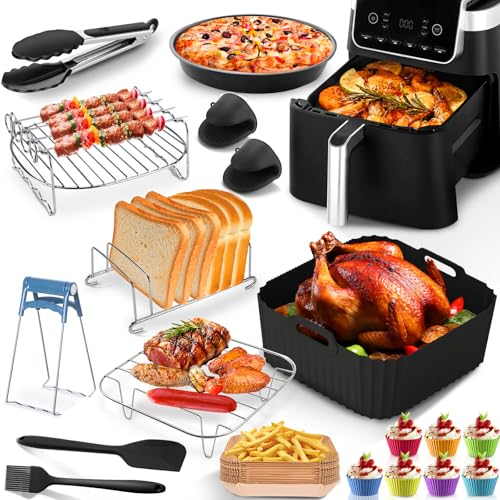 Freidora de aire caliente Airfryer Accesorios para Ninja AF180EU/140EU, Philips NA230, COSORI 5,5L/6L/6,2L/6,4L, Kits de moldes de silicona con parrilla, sartén para pizza y papel de horno