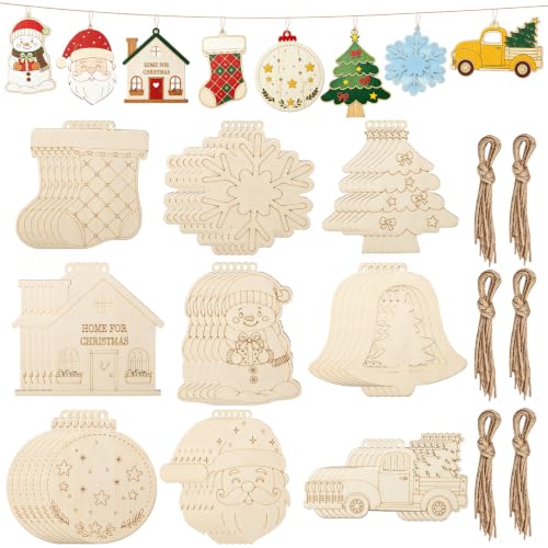 54PCS Wooden Christmas Ornaments, Unfinished Rustic Wooden Christmas Crafts