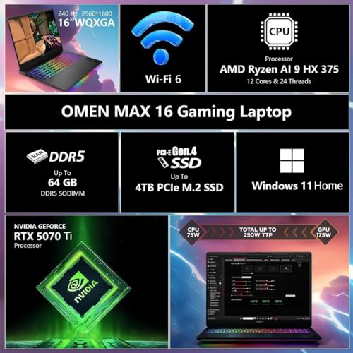 Image of HP Omen MAX RTX 5070 Ti Gaming Laptop, 16 inch WQXGA 240Hz, AMD Ryzen AI 9 HX 375, 64GB DDR5 RAM, 2TB SSD, RGB Backlit KB, Low Blue Light, Bundle with Thunderobot 7 in-1 USB-C Hub, Win 11 Home