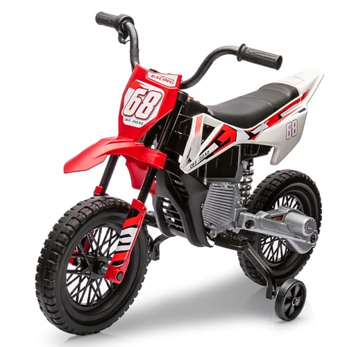 12V Kids Motorcycle with Training Wheels, Bluetooth Music, Electric Dirt Bike for Kids, Twist Grip Throttle, Max Speed 3 MPH, Children Ride Motorcycle, Spring Suspension, Suitable for 3-8 Years Olds