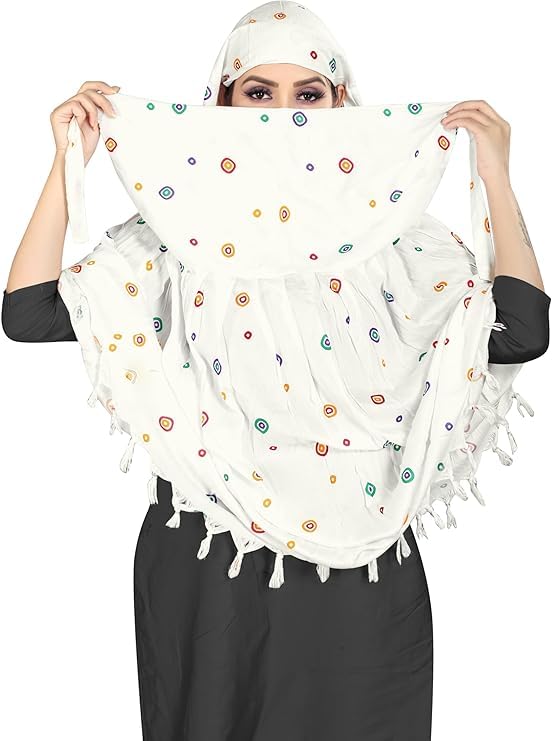 Image of Cotton Long Scarf Cum Mask Scarves Usable for Vehicle Driver | White Printed Design Fabric | Universal Size | Soft & Breathable Sun Protection | For Girl & Women
