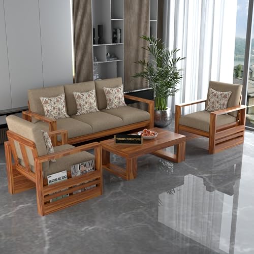 Image of Solid Sheesham Wood 5 Seater Sofa Set (3+1+1) for Living Room | Stylish & Durable 5 Person Sofa for Home & Office Furniture Decor (Zack Honey, 5 Seater)
