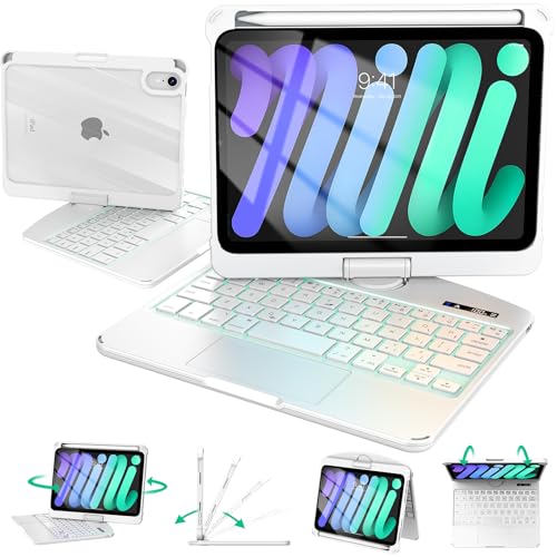 Image of Intermerge Keyboard Case for iPad mini 7 (A17 Pro, 2024) & Mini 6 (2021) 8.3 inch - 360 Swivel Multi-Touch Trackpad, 7-Color RGB Backlit Keys, Pencil Holder, Type-C Charging, Power Indicator-Solid White