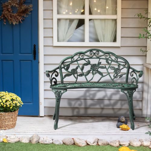 Bonnlo Gartenbank Metall Aluminium Rose, wetterfeste Sitzbank für 2 Sitzer, antike Sitzbank mit Rückenlehne, Bänke für Terrase, Balkon, Garten, Hof, antike Grün