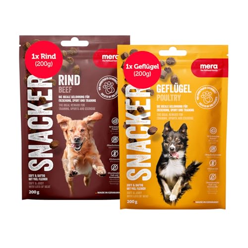 MERA Snacker Geflügel & Rind (je 1 x 200g), weiche Hundeleckerli getreidefrei | Hunde Leckerlis ideal fürs Training oder als Hundesnack | kalorienarme Leckerli Hund | Soft Dog Treats