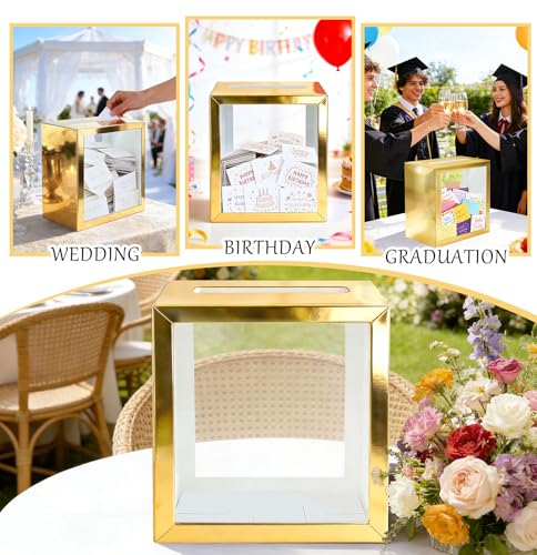 Image of SietDESEO Gold Card Box for Party with Clear Window Large Gift Card Box Holder for Wedding Reception Birthday Graduation Baby Shower Raffle Ticket Box